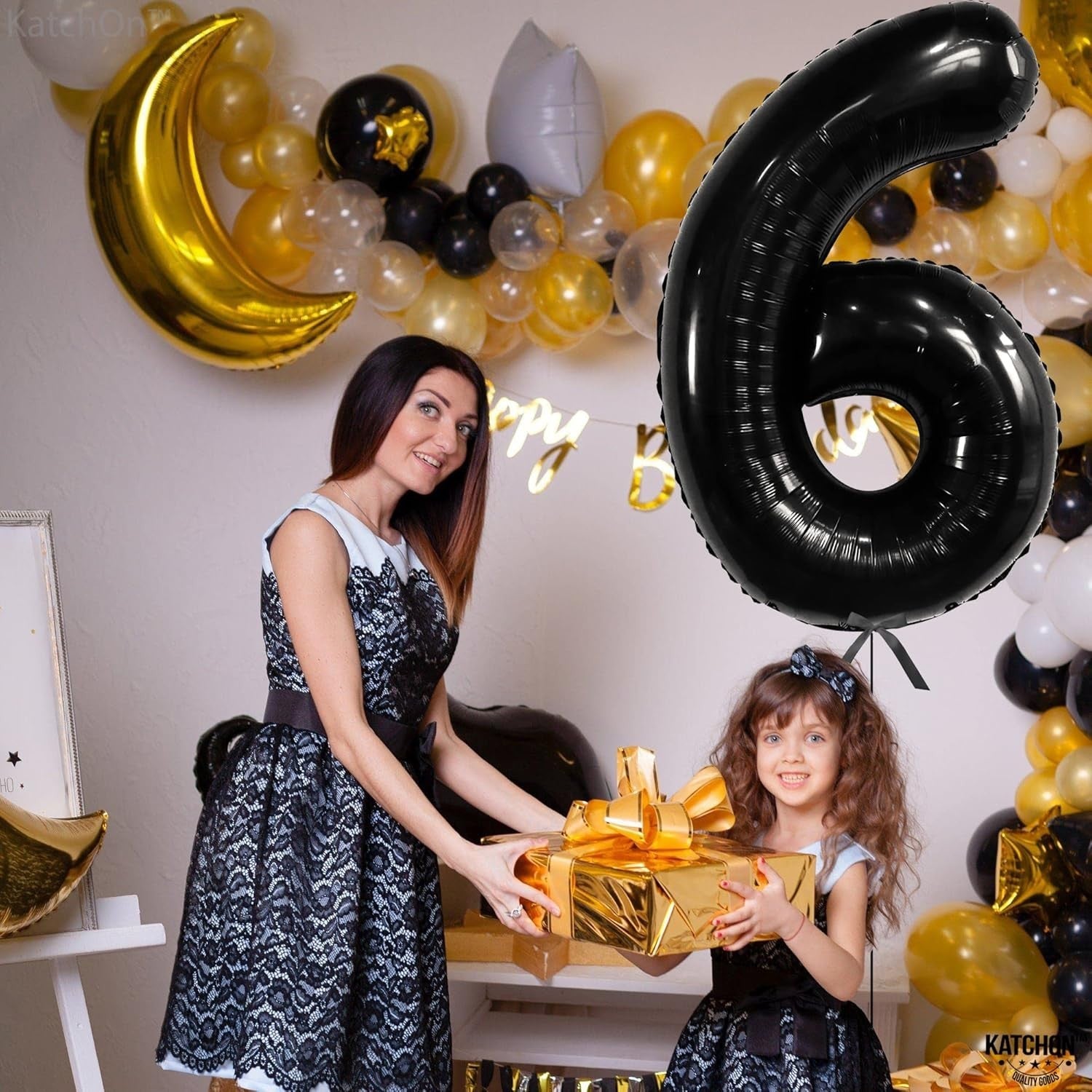Balon din Folie Metalizata, Figurina Cifra, Tema Aniversare 100 cm, Ambalaj Individual, Pai inclus, Umflare cu Aer sau Heliu, Negru, Cifra 6
