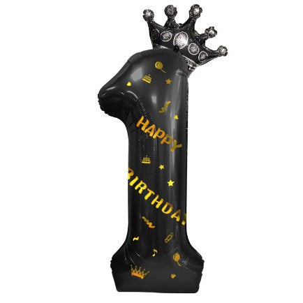 Balon din Folie Metalizata Flippy, Figurina Cifra si Coroana, Scris Happy Birthday, Tema Aniversare 100 cm, Ambalaj Individual, Pai inclus, Umflare cu Aer sau Heliu, Negru, Cifra 1
