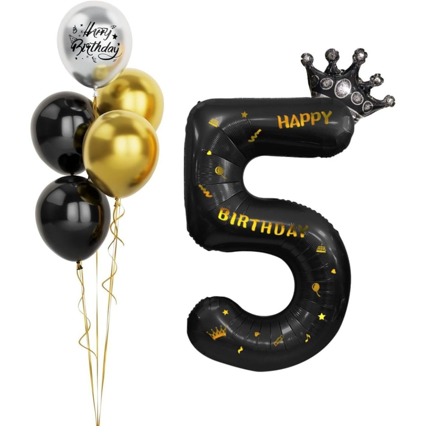 Balon din Folie Metalizata, Figurina Cifra si Coroana, Scris Happy Birthday, Tema Aniversare 100 cm, Ambalaj Individual, Pai inclus, Umflare cu Aer sau Heliu, Negru, Cifra 5