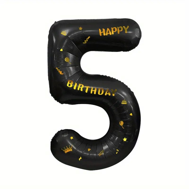 Balon din Folie Metalizata, Figurina Cifra si Coroana, Scris Happy Birthday, Tema Aniversare 100 cm, Ambalaj Individual, Pai inclus, Umflare cu Aer sau Heliu, Negru, Cifra 5
