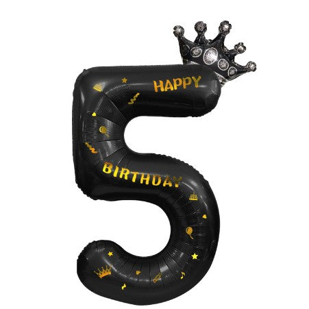 Balon din Folie Metalizata, Figurina Cifra si Coroana, Scris Happy Birthday, Tema Aniversare 100 cm, Ambalaj Individual, Pai inclus, Umflare cu Aer sau Heliu, Negru, Cifra 5