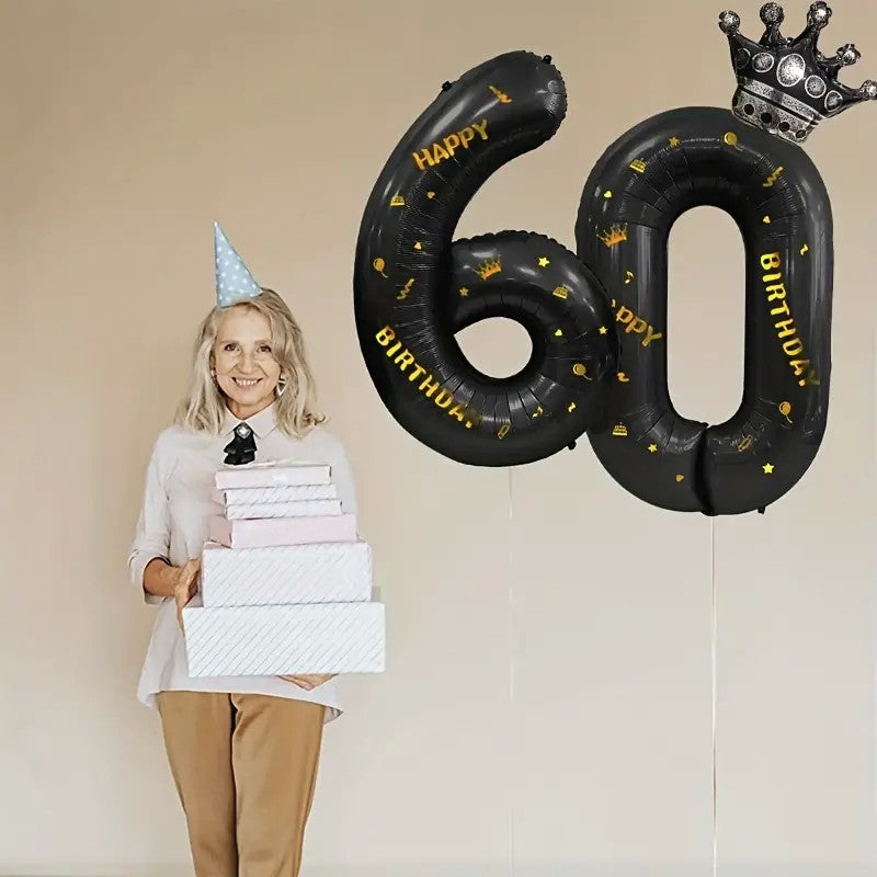 Balon din Folie Metalizata, Figurina Cifra si Coroana, Scris Happy Birthday, Tema Aniversare 100 cm, Ambalaj Individual, Pai inclus, Umflare cu Aer sau Heliu, Negru, Cifra 6