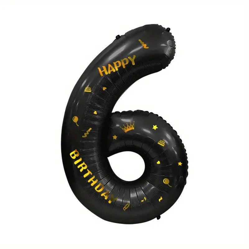 Balon din Folie Metalizata, Figurina Cifra si Coroana, Scris Happy Birthday, Tema Aniversare 100 cm, Ambalaj Individual, Pai inclus, Umflare cu Aer sau Heliu, Negru, Cifra 6