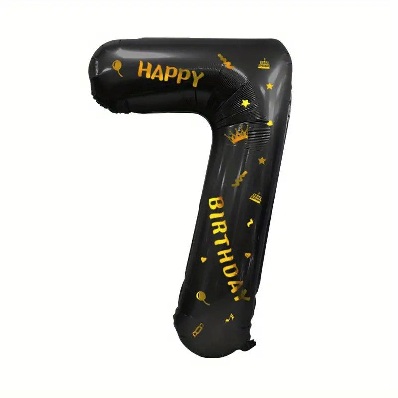 Balon din Folie Metalizata, Figurina Cifra si Coroana, Scris Happy Birthday, Tema Aniversare 100 cm, Ambalaj Individual, Pai inclus, Umflare cu Aer sau Heliu, Negru, Cifra 7