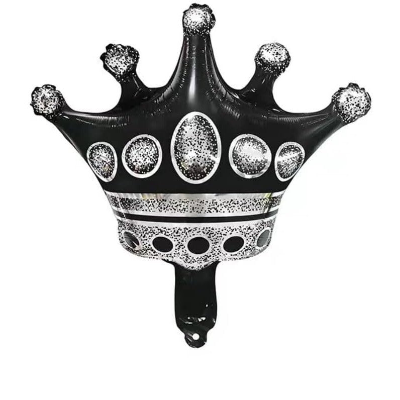 Balon din Folie Metalizata, Figurina Cifra si Coroana, Scris Happy Birthday, Tema Aniversare 100 cm, Ambalaj Individual, Pai inclus, Umflare cu Aer sau Heliu, Negru, Cifra 9