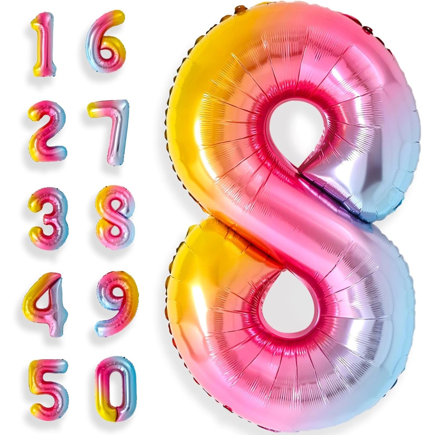 Balon din Folie Metalizata, Figurina Cifra, Tema Aniversare 40 cm, Ambalaj Individual, Pai inclus, Umflare cu Aer sau Heliu, Multicolor, Cifra 8