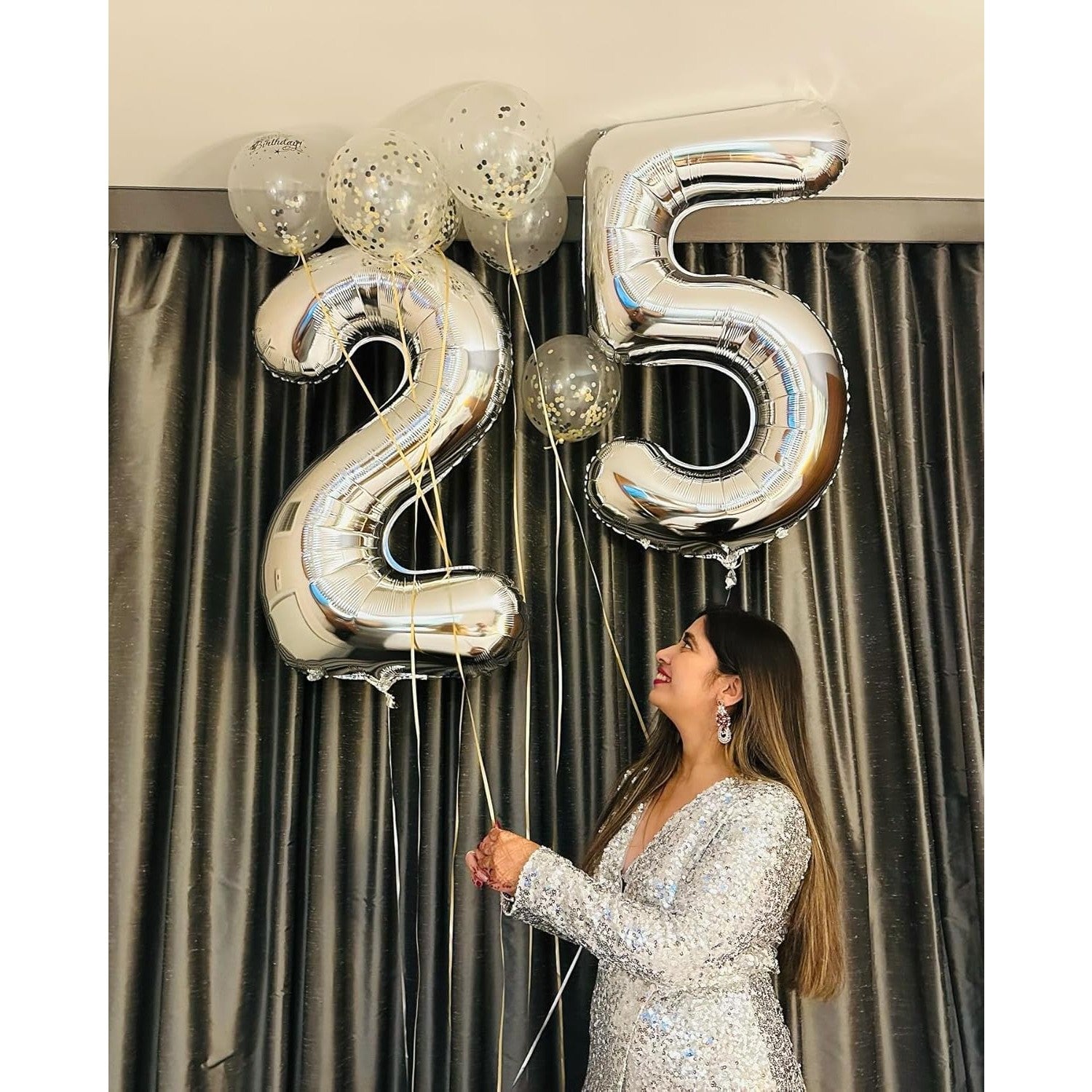 Balon din Folie Metalizata, Figurina Cifra, Tema Aniversare 40 cm, Ambalaj Individual, Pai inclus, Umflare cu Aer sau Heliu, Argintiu, Cifra 5