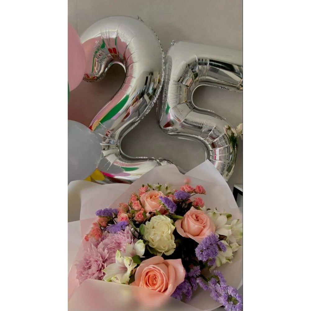 Balon din Folie Metalizata, Figurina Cifra, Tema Aniversare 40 cm, Ambalaj Individual, Pai inclus, Umflare cu Aer sau Heliu, Argintiu, Cifra 5