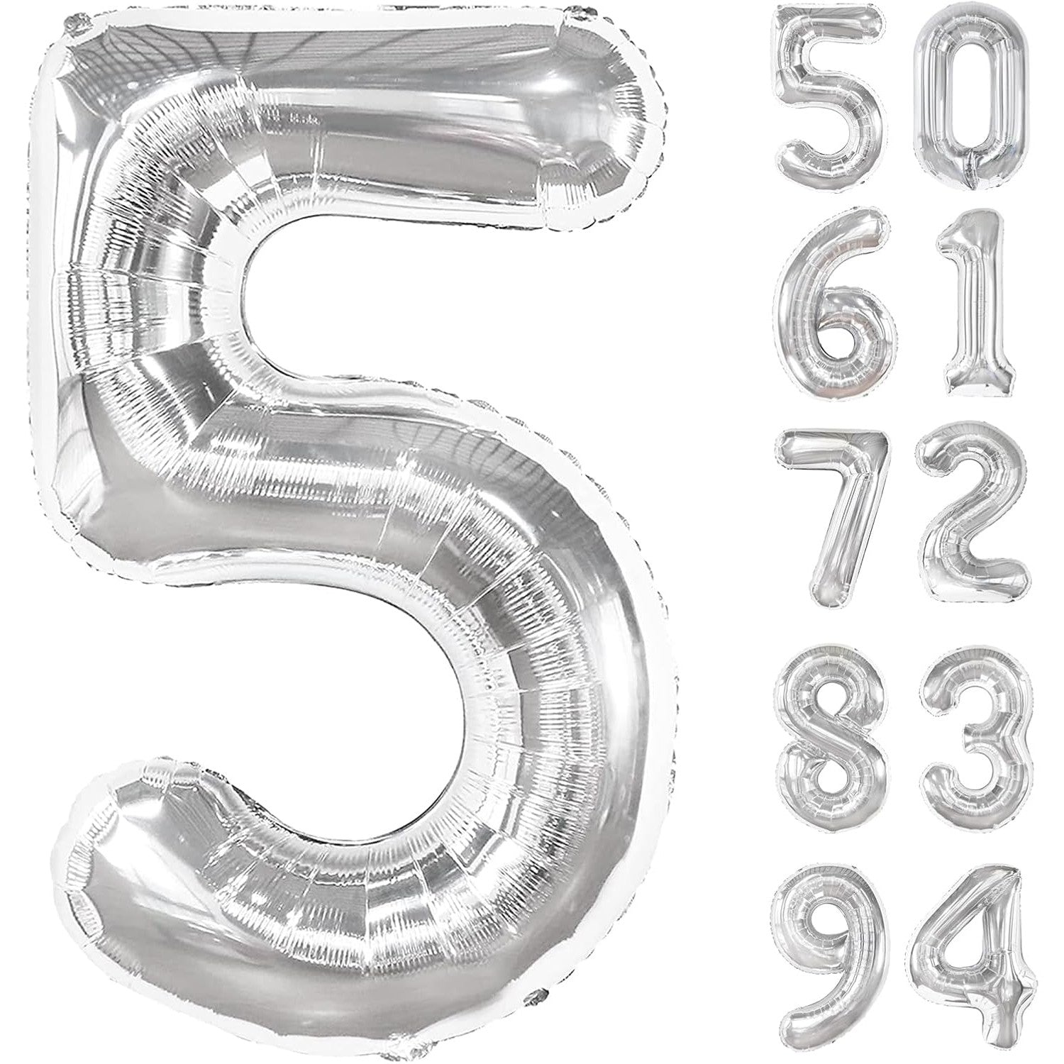 Balon din Folie Metalizata, Figurina Cifra, Tema Aniversare 40 cm, Ambalaj Individual, Pai inclus, Umflare cu Aer sau Heliu, Argintiu, Cifra 5