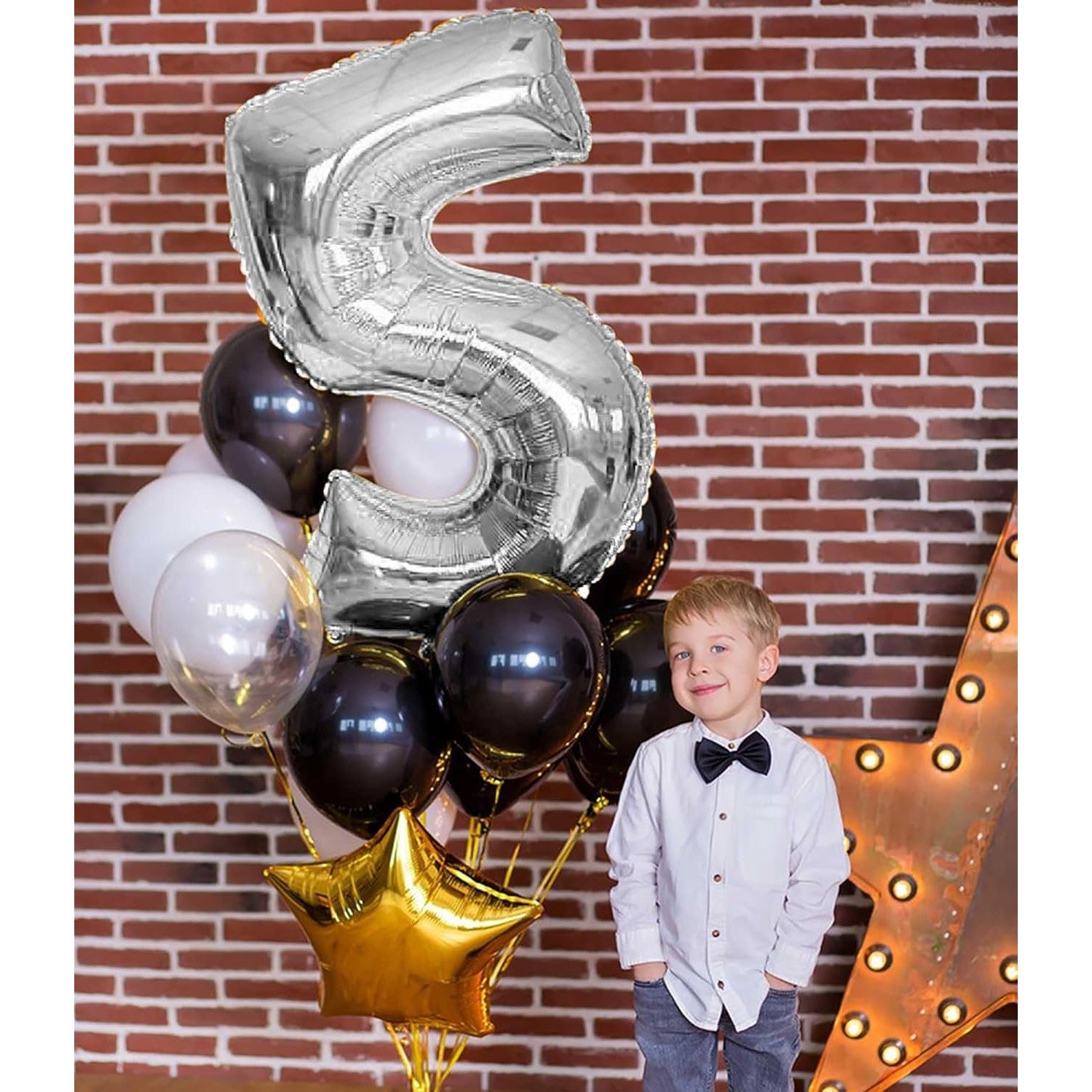 Balon din Folie Metalizata, Figurina Cifra, Tema Aniversare 40 cm, Ambalaj Individual, Pai inclus, Umflare cu Aer sau Heliu, Argintiu, Cifra 5