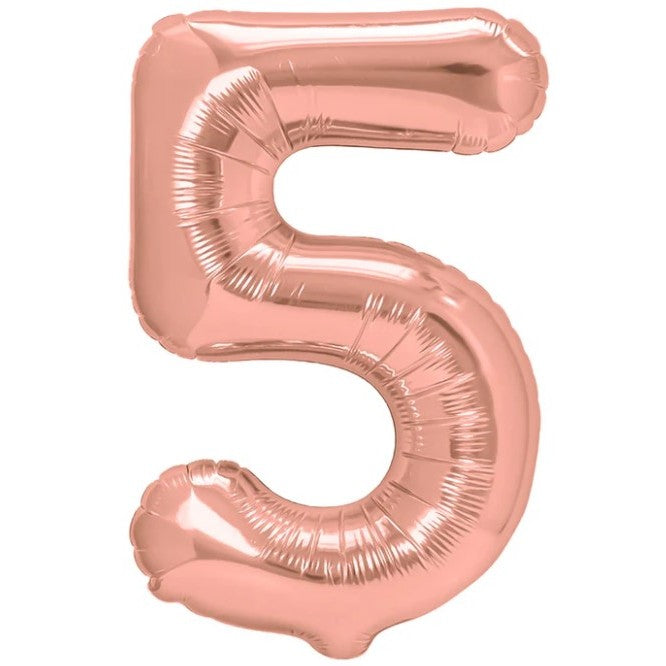 Balon din Folie Metalizata Flippy, Figurina Cifra, Tema Aniversare 80 cm, Ambalaj Individual, Pai inclus, Umflare cu Aer sau Heliu, Rose, Cifra 5