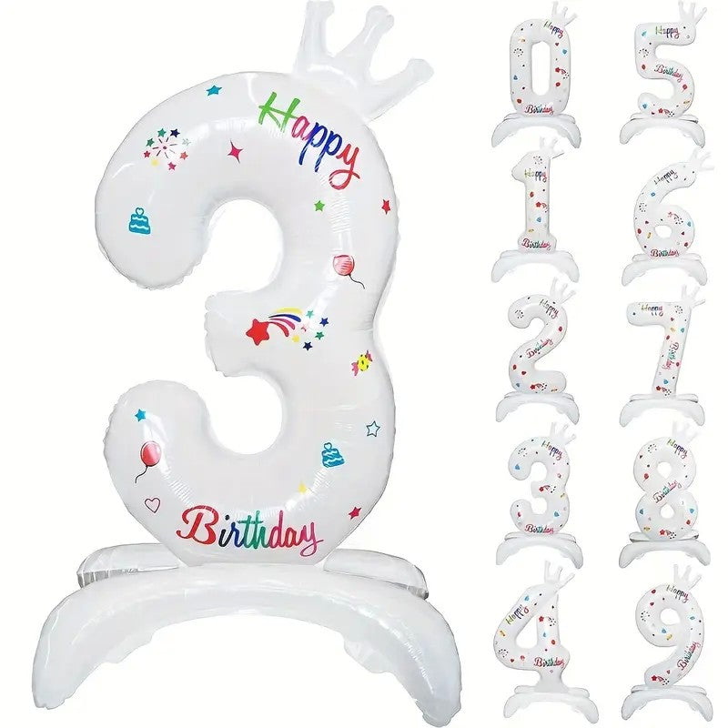 Balon din Folie Metalizata, Flippy, Figurina Cifra, Model 3 cu Happy Birthday Scris, Tema Aniversare 81 cm, Ambalaj Individual, Pai Inclus, Umflare cu Aer sau Heliu, Alb