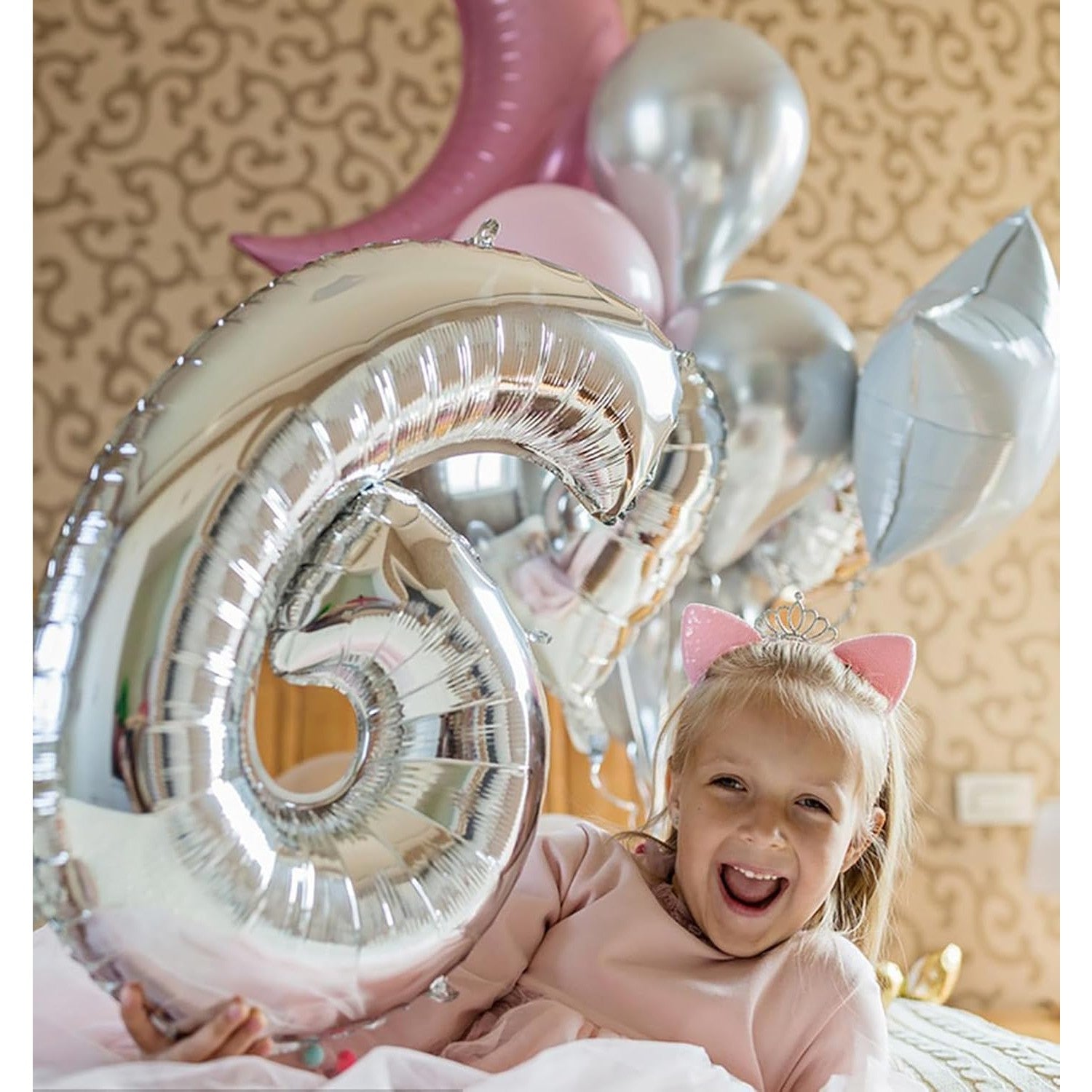 Balon din Folie Metalizata, Figurina Cifra, Tema Aniversare 40 cm, Ambalaj Individual, Pai inclus, Umflare cu Aer sau Heliu, Argintiu, Cifra 6