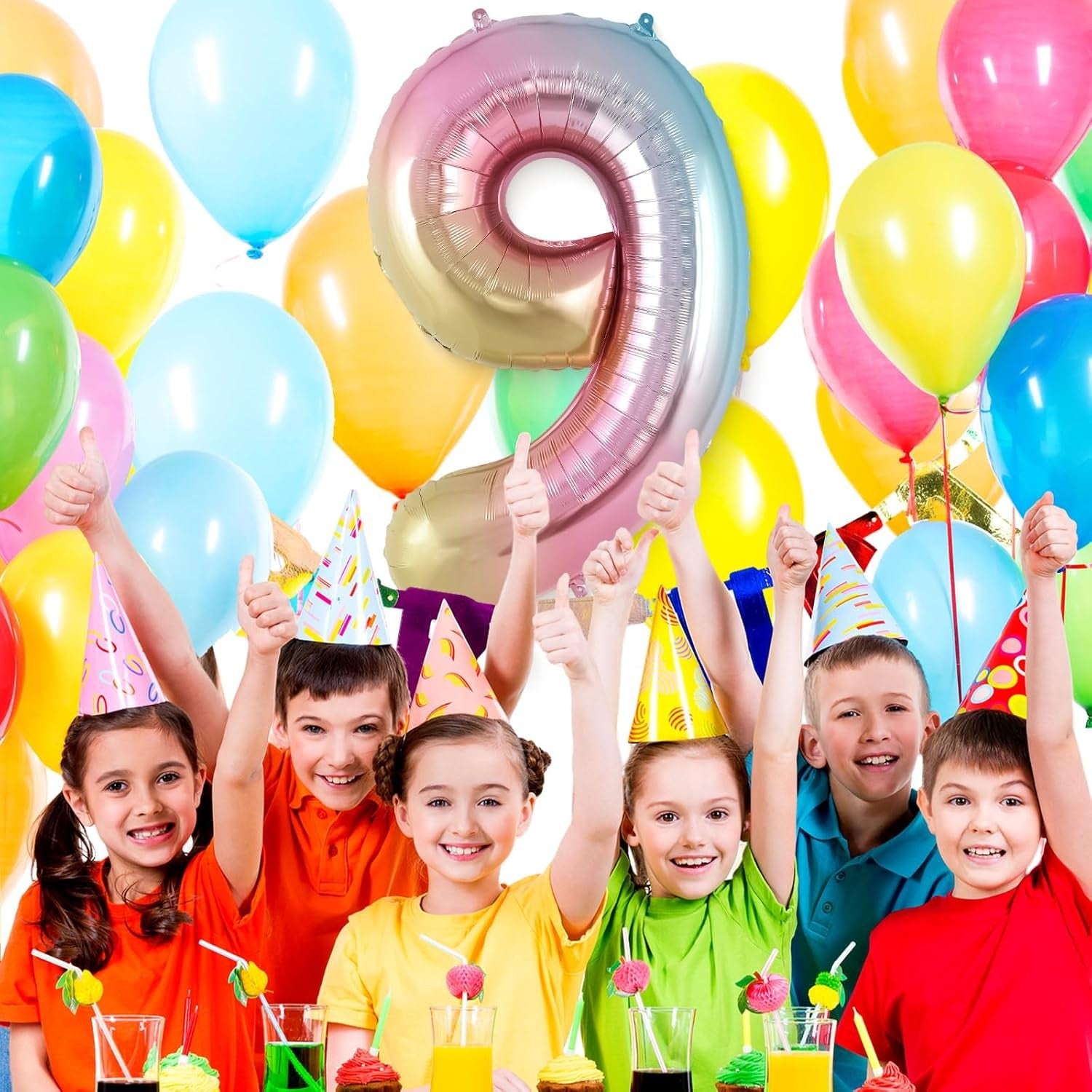 Balon din Folie Metalizata, Figurina Cifra, Tema Aniversare 40 cm, Ambalaj Individual, Pai inclus, Umflare cu Aer sau Heliu, Multicolor, Cifra 9