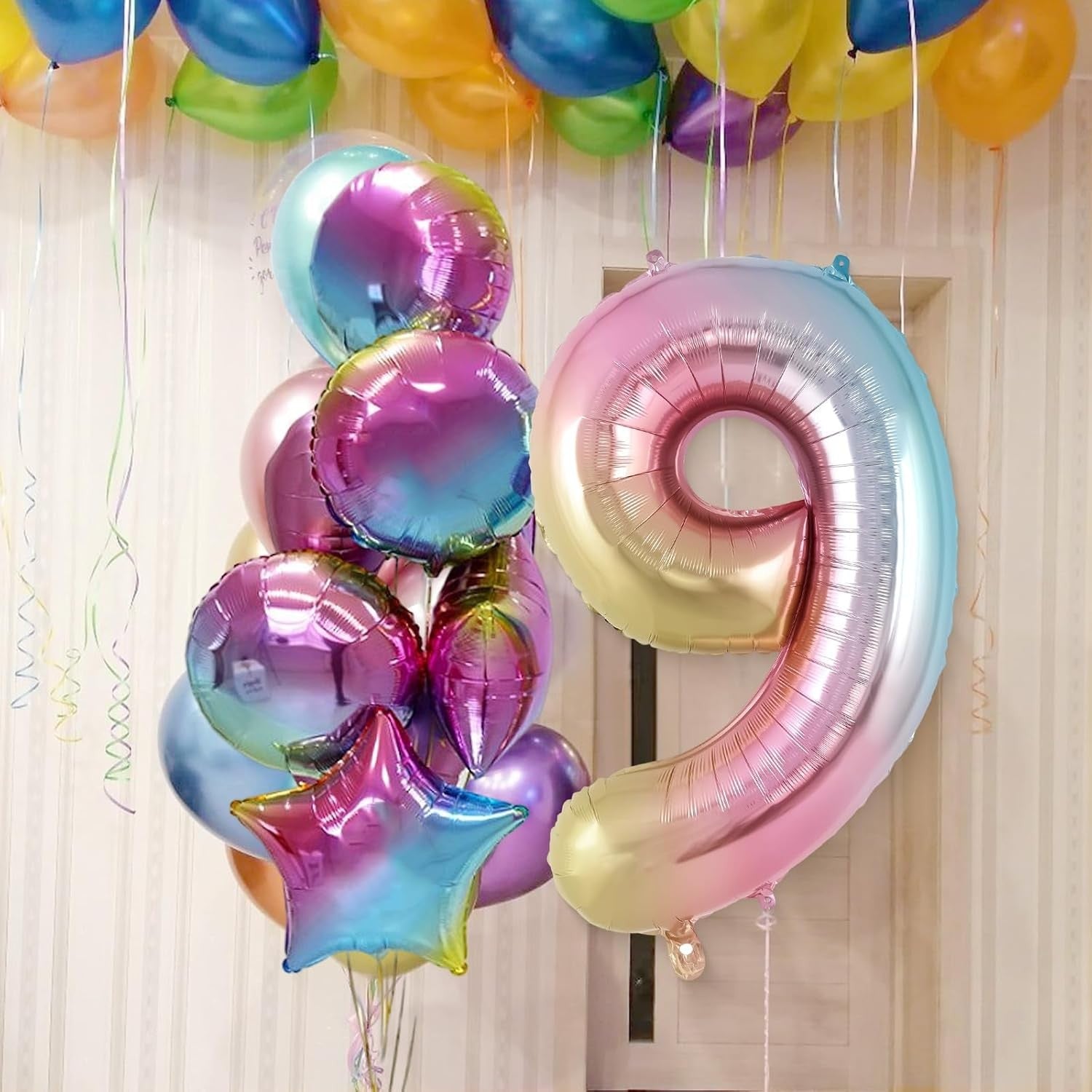 Balon din Folie Metalizata, Figurina Cifra, Tema Aniversare 40 cm, Ambalaj Individual, Pai inclus, Umflare cu Aer sau Heliu, Multicolor, Cifra 9
