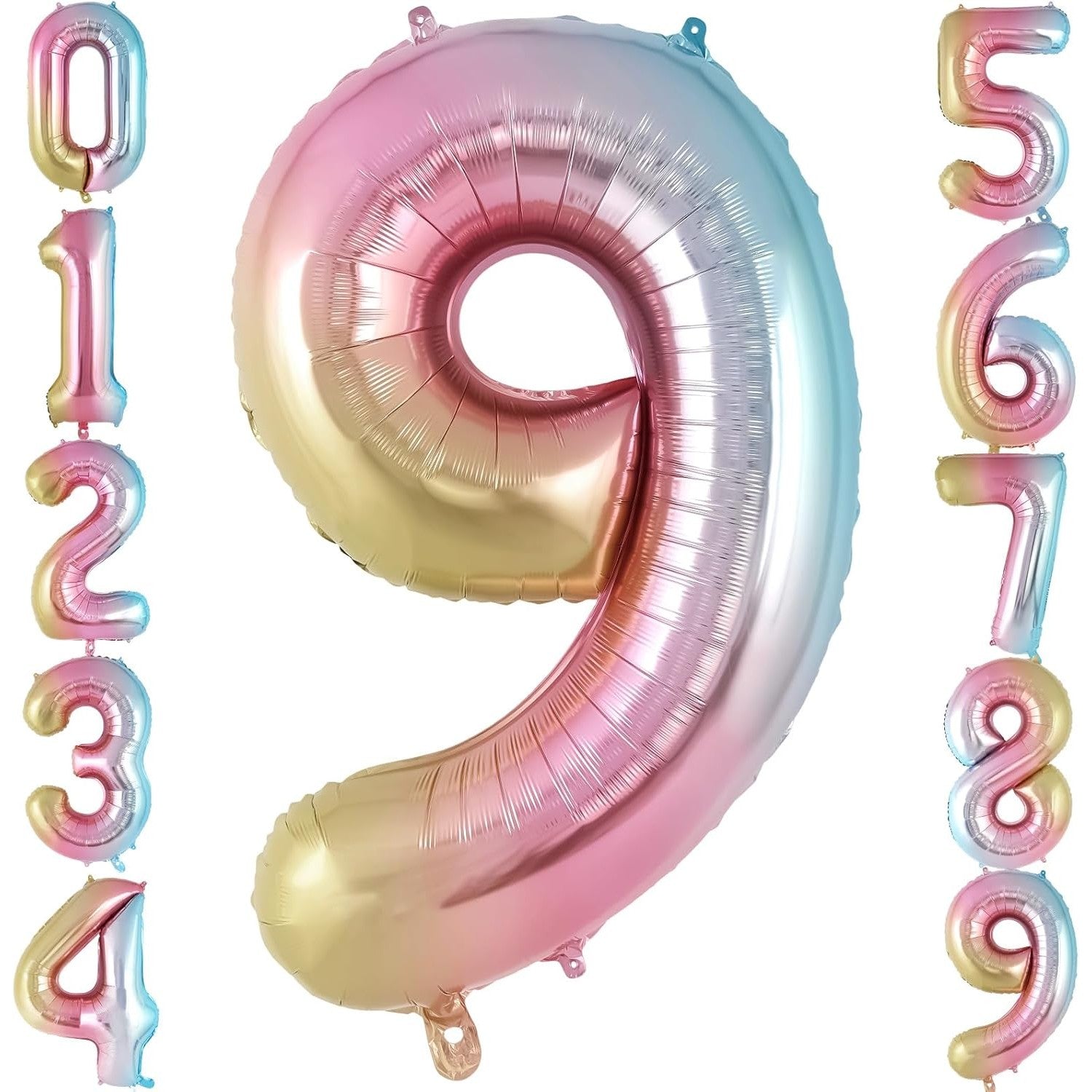 Balon din Folie Metalizata, Figurina Cifra, Tema Aniversare 40 cm, Ambalaj Individual, Pai inclus, Umflare cu Aer sau Heliu, Multicolor, Cifra 9