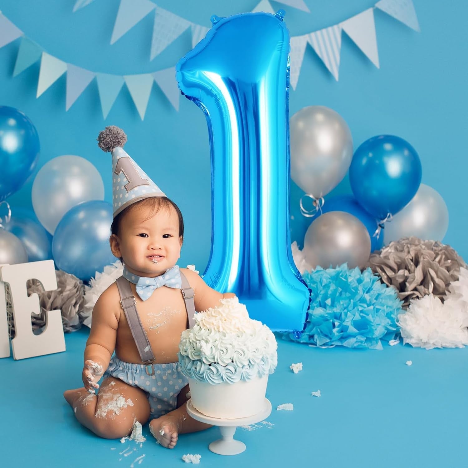 Balon din Folie Metalizata Flippy, Figurina Cifra, Tema Aniversare 40 cm, Ambalaj Individual, Pai inclus, Umflare cu Aer sau Heliu, Albastru, Cifra 1