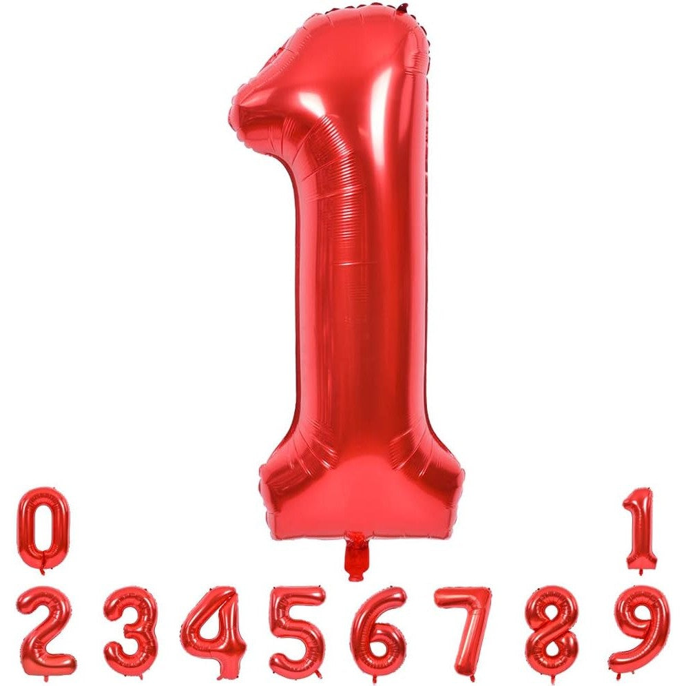 Balon din Folie Metalizata, Figurina Cifra, Tema Aniversare 40 cm, Ambalaj Individual, Pai inclus, Umflare cu Aer sau Heliu, Rosu, Cifra 1