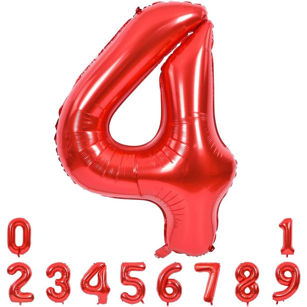 Balon din Folie Metalizata, Figurina Cifra, Tema Aniversare 40 cm, Ambalaj Individual, Pai inclus, Umflare cu Aer sau Heliu, Rosu, Cifra 4