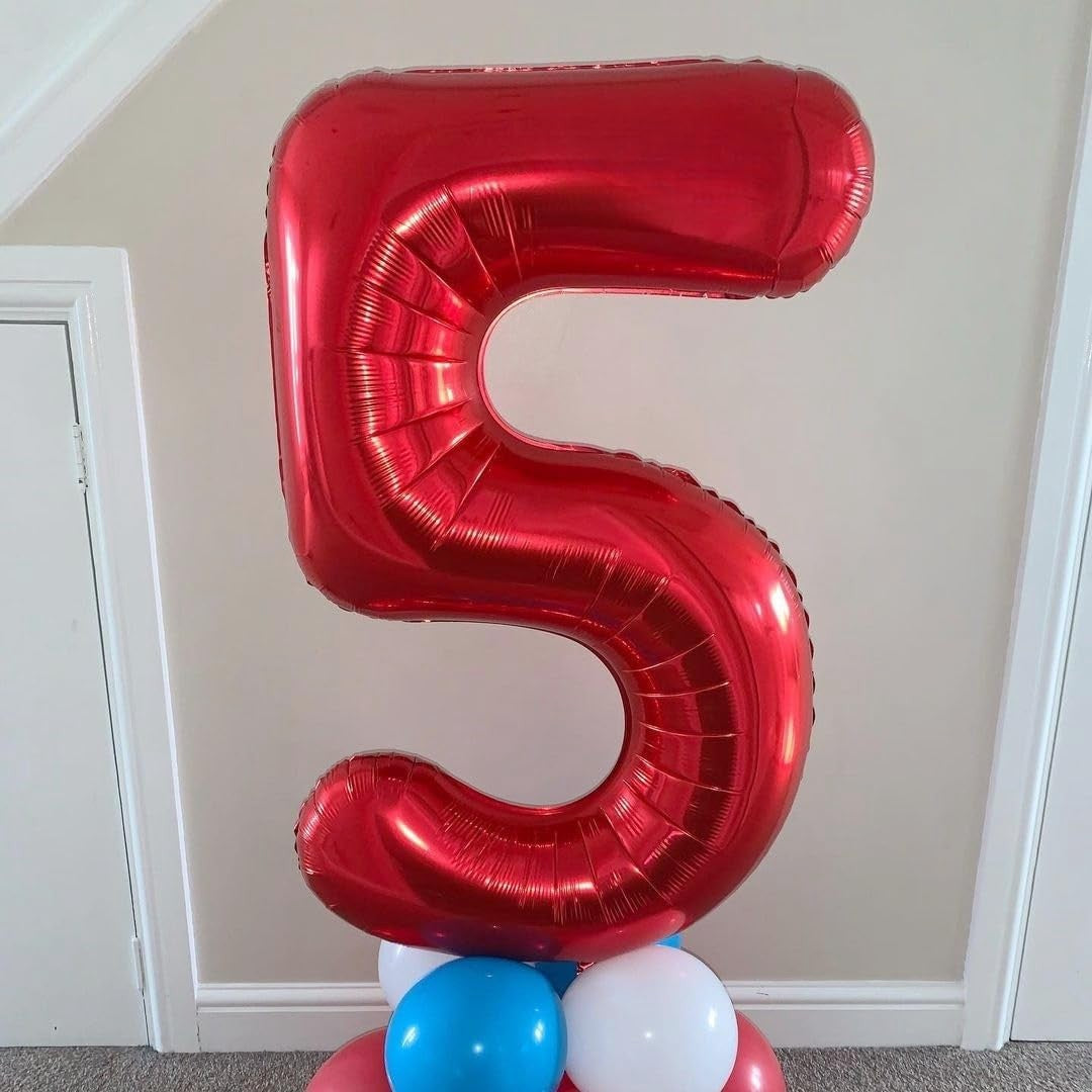 Balon din Folie Metalizata, Figurina Cifra, Tema Aniversare 40 cm, Ambalaj Individual, Pai inclus, Umflare cu Aer sau Heliu, Rosu, Cifra 5