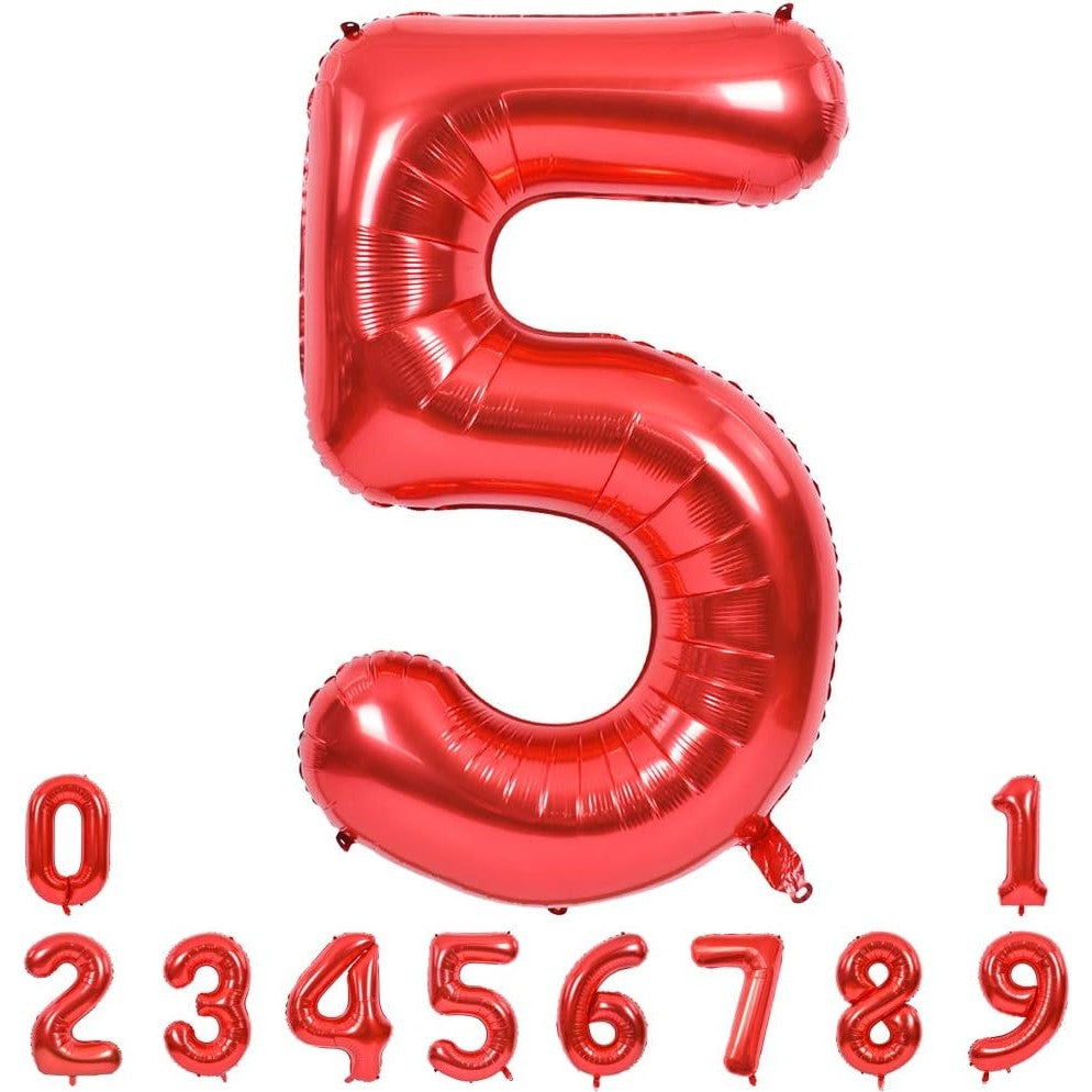 Balon din Folie Metalizata, Figurina Cifra, Tema Aniversare 40 cm, Ambalaj Individual, Pai inclus, Umflare cu Aer sau Heliu, Rosu, Cifra 5