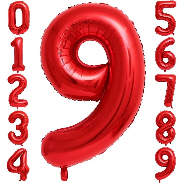 Balon din Folie Metalizata, Figurina Cifra, Tema Aniversare 40 cm, Ambalaj Individual, Pai inclus, Umflare cu Aer sau Heliu, Rosu, Cifra 9
