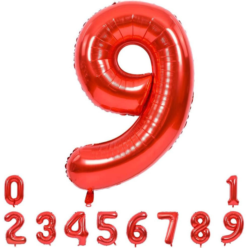 Balon din Folie Metalizata, Figurina Cifra, Tema Aniversare 40 cm, Ambalaj Individual, Pai inclus, Umflare cu Aer sau Heliu, Rosu, Cifra 9