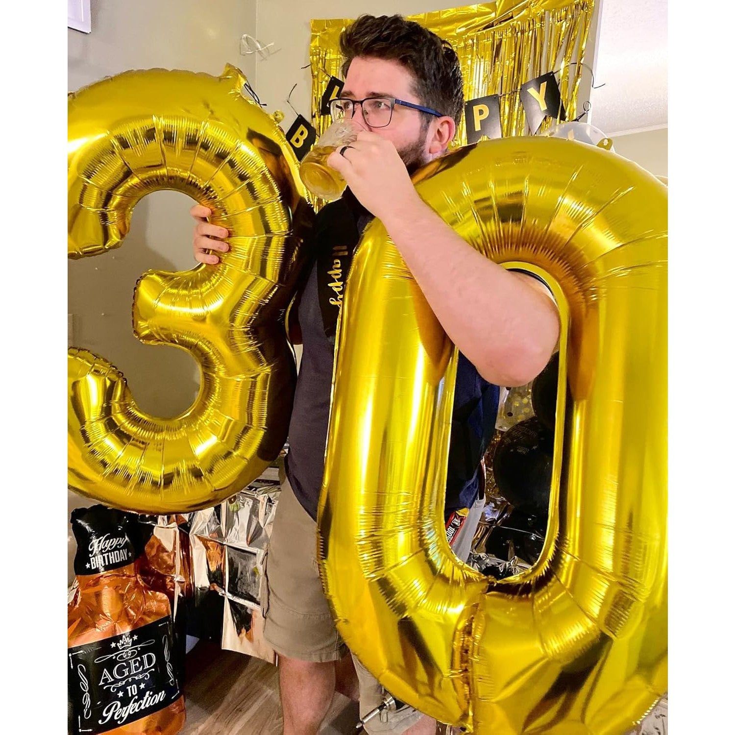 Balon din Folie Metalizata, Figurina Cifra, Tema Aniversare 40 cm, Ambalaj Individual, Pai inclus, Umflare cu Aer sau Heliu, Auriu, Cifra 0