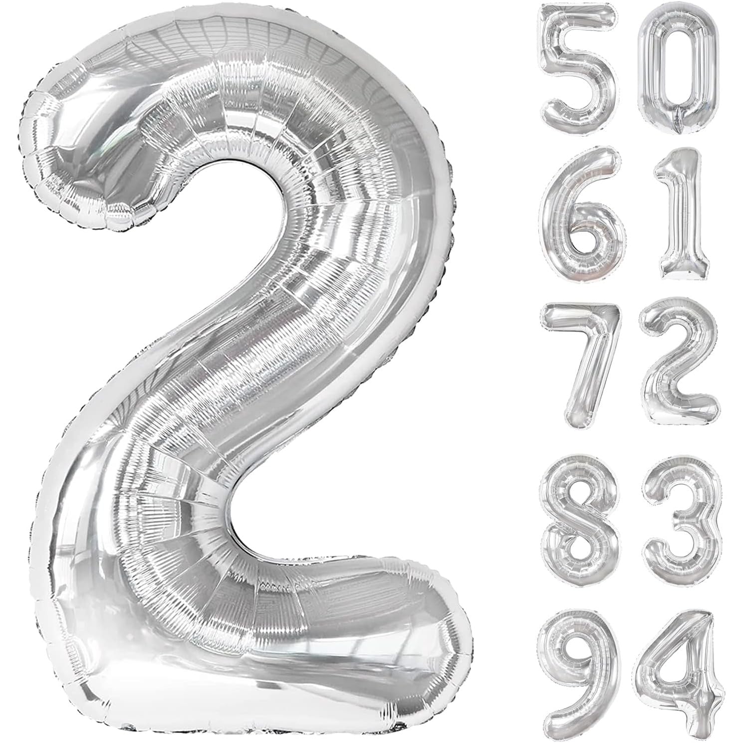 Balon din Folie Metalizata, Figurina Cifra, Tema Aniversare 40 cm, Ambalaj Individual, Pai inclus, Umflare cu Aer sau Heliu, Argintiu, Cifra 2