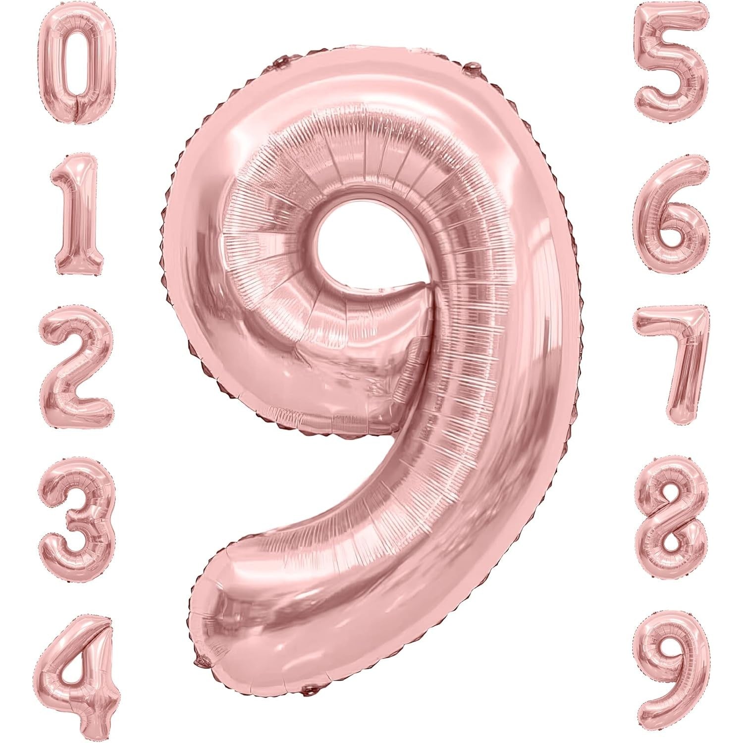 Balon din Folie Metalizata Flippy, Figurina Cifra, Tema Aniversare 40 cm, Ambalaj Individual, Pai inclus, Umflare cu Aer sau Heliu, Rose Gold, Cifra 9