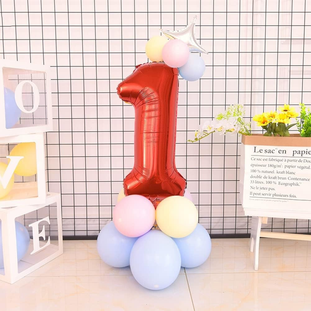Balon din Folie Metalizata Flippy, Figurina Cifra, Tema Aniversare 80 cm, Ambalaj Individual, Pai inclus, Umflare cu Aer sau Heliu, Rosu, Cifra 1