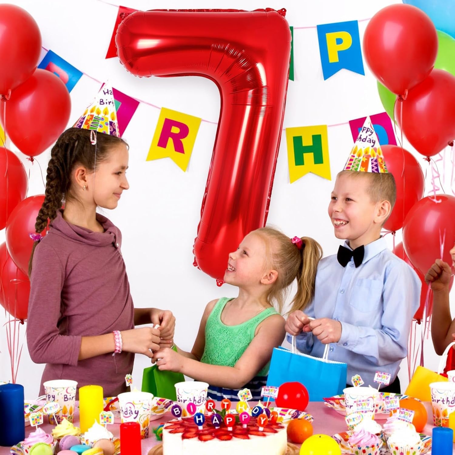Balon din Folie Metalizata, Figurina Cifra, Tema Aniversare 80 cm, Ambalaj Individual, Pai inclus, Umflare cu Aer sau Heliu, Rosu, Cifra 7