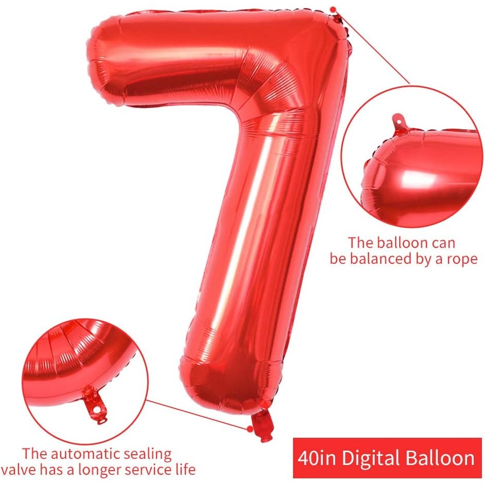 Balon din Folie Metalizata, Figurina Cifra, Tema Aniversare 80 cm, Ambalaj Individual, Pai inclus, Umflare cu Aer sau Heliu, Rosu, Cifra 7