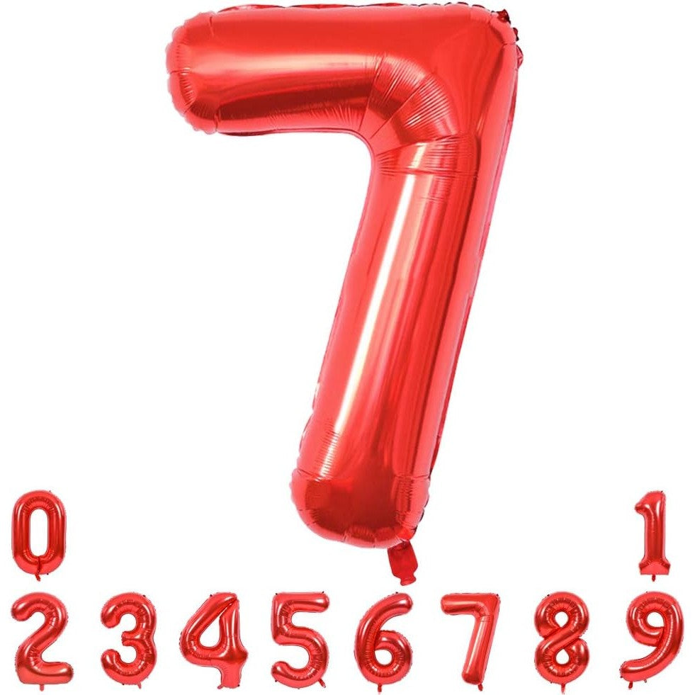 Balon din Folie Metalizata, Figurina Cifra, Tema Aniversare 80 cm, Ambalaj Individual, Pai inclus, Umflare cu Aer sau Heliu, Rosu, Cifra 7
