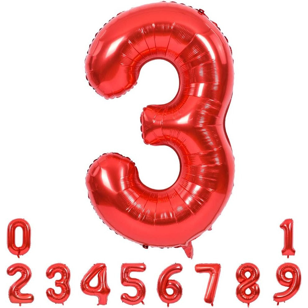 Balon din Folie Metalizata, Figurina Cifra, Tema Aniversare 80 cm, Ambalaj Individual, Pai inclus, Umflare cu Aer sau Heliu, Rosu, Cifra 3