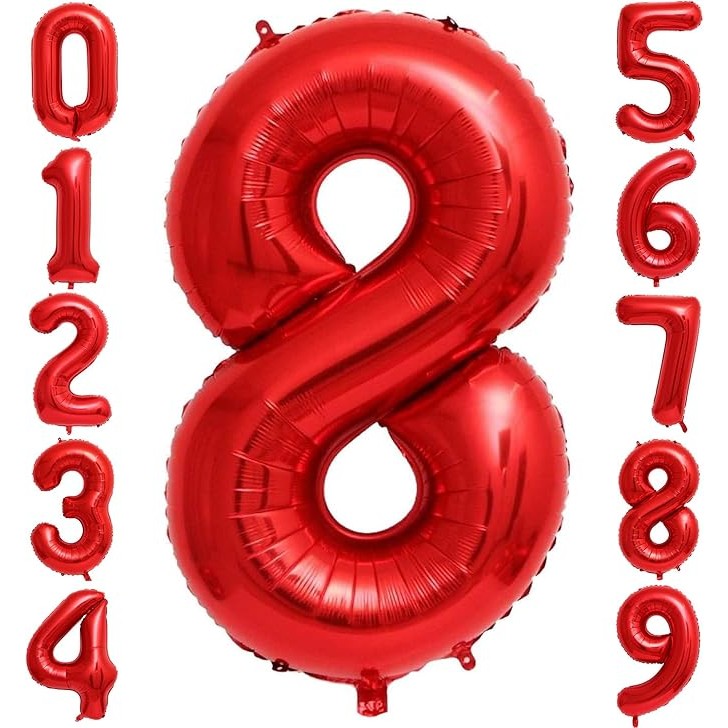 Balon din Folie Metalizata, Figurina Cifra, Tema Aniversare 80 cm, Ambalaj Individual, Pai inclus, Umflare cu Aer sau Heliu, Rosu, Cifra 8