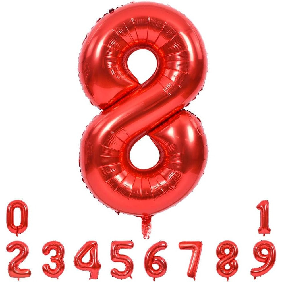 Balon din Folie Metalizata, Figurina Cifra, Tema Aniversare 80 cm, Ambalaj Individual, Pai inclus, Umflare cu Aer sau Heliu, Rosu, Cifra 8