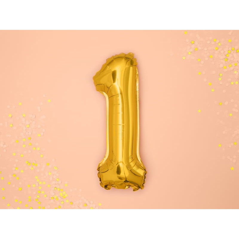 Balon din Folie Metalizata, Figurina Cifra, Tema Aniversare 40 cm, Ambalaj Individual, Pai inclus, Umflare cu Aer sau Heliu, Auriu, Cifra 1