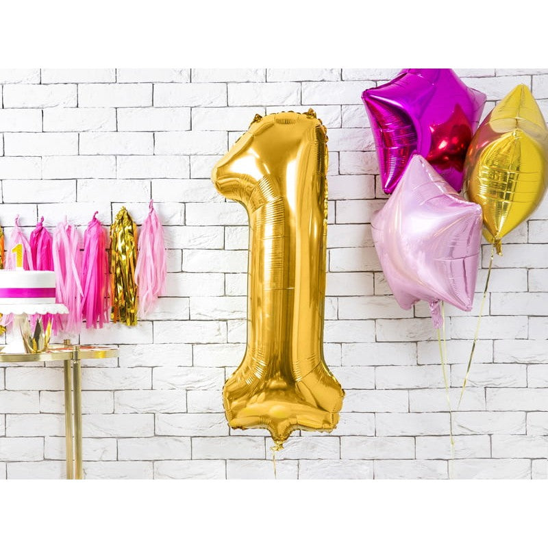 Balon din Folie Metalizata, Figurina Cifra, Tema Aniversare 40 cm, Ambalaj Individual, Pai inclus, Umflare cu Aer sau Heliu, Auriu, Cifra 1