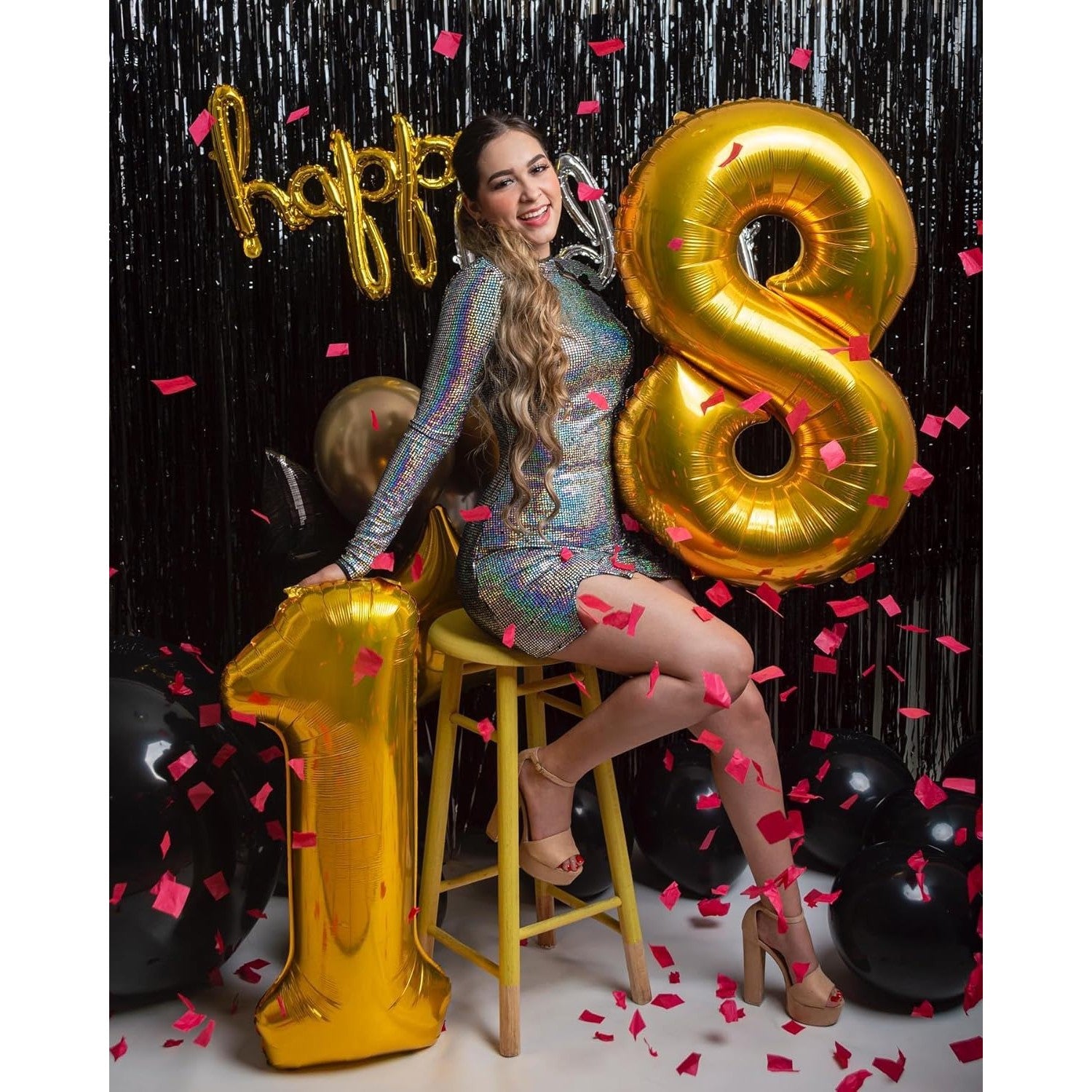 Balon din Folie Metalizata, Figurina Cifra, Tema Aniversare 40 cm, Ambalaj Individual, Pai inclus, Umflare cu Aer sau Heliu, Auriu, Cifra 8