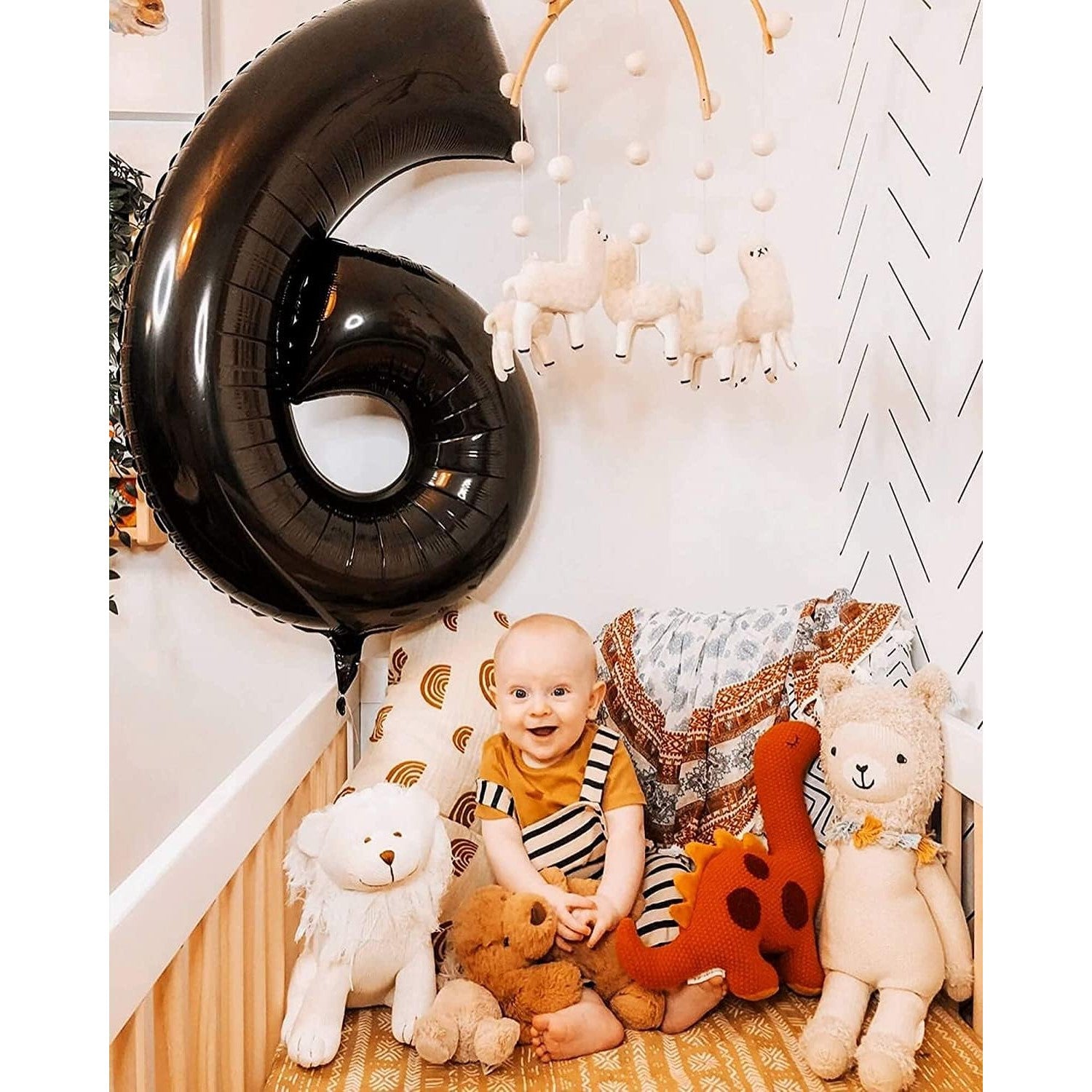 Balon din Folie Metalizata, Figurina Cifra, Tema Aniversare 80 cm, Ambalaj Individual, Pai inclus, Umflare cu Aer sau Heliu, Negru, Cifra 6