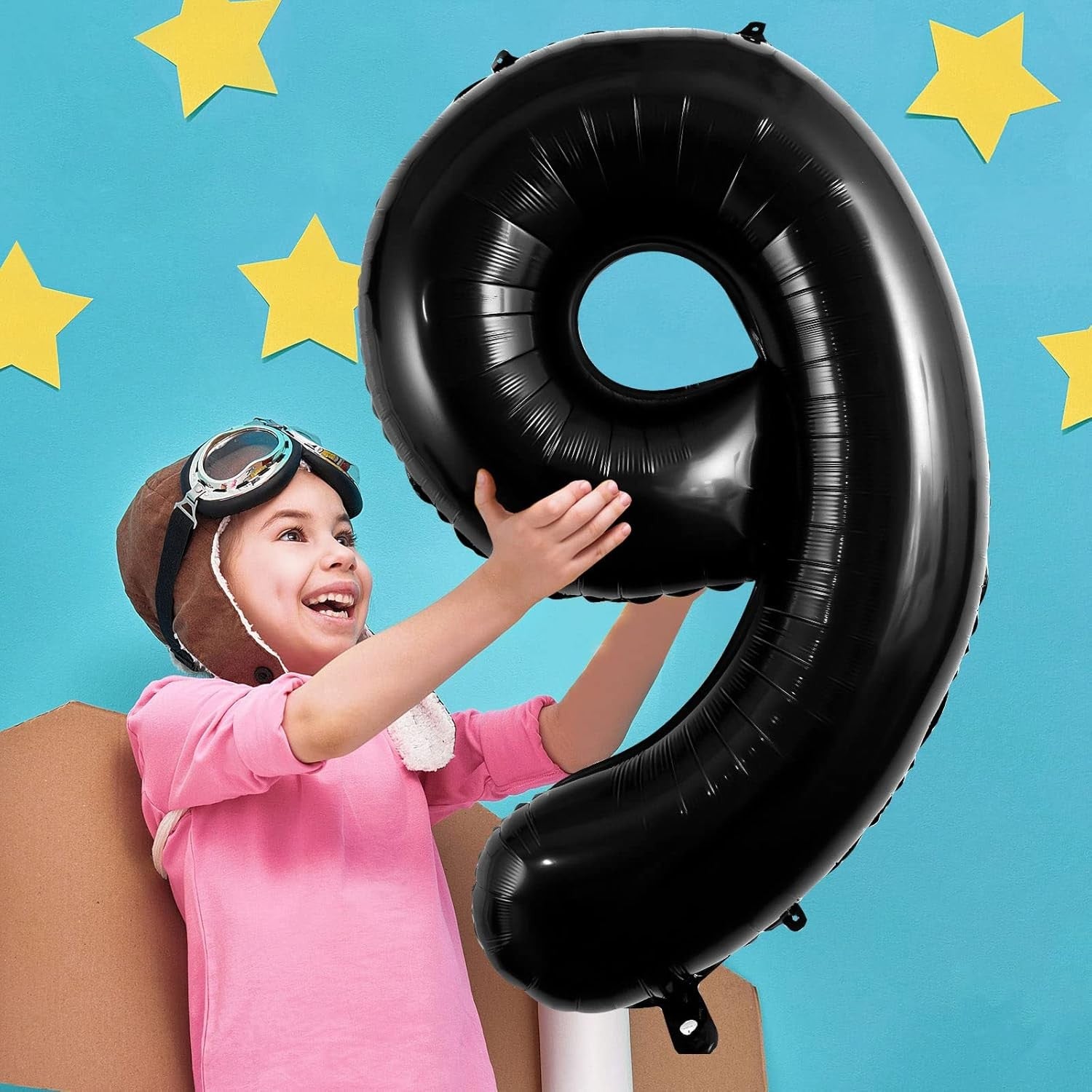 Balon din Folie Metalizata, Figurina Cifra, Tema Aniversare 80 cm, Ambalaj Individual, Pai inclus, Umflare cu Aer sau Heliu, Negru, Cifra 9
