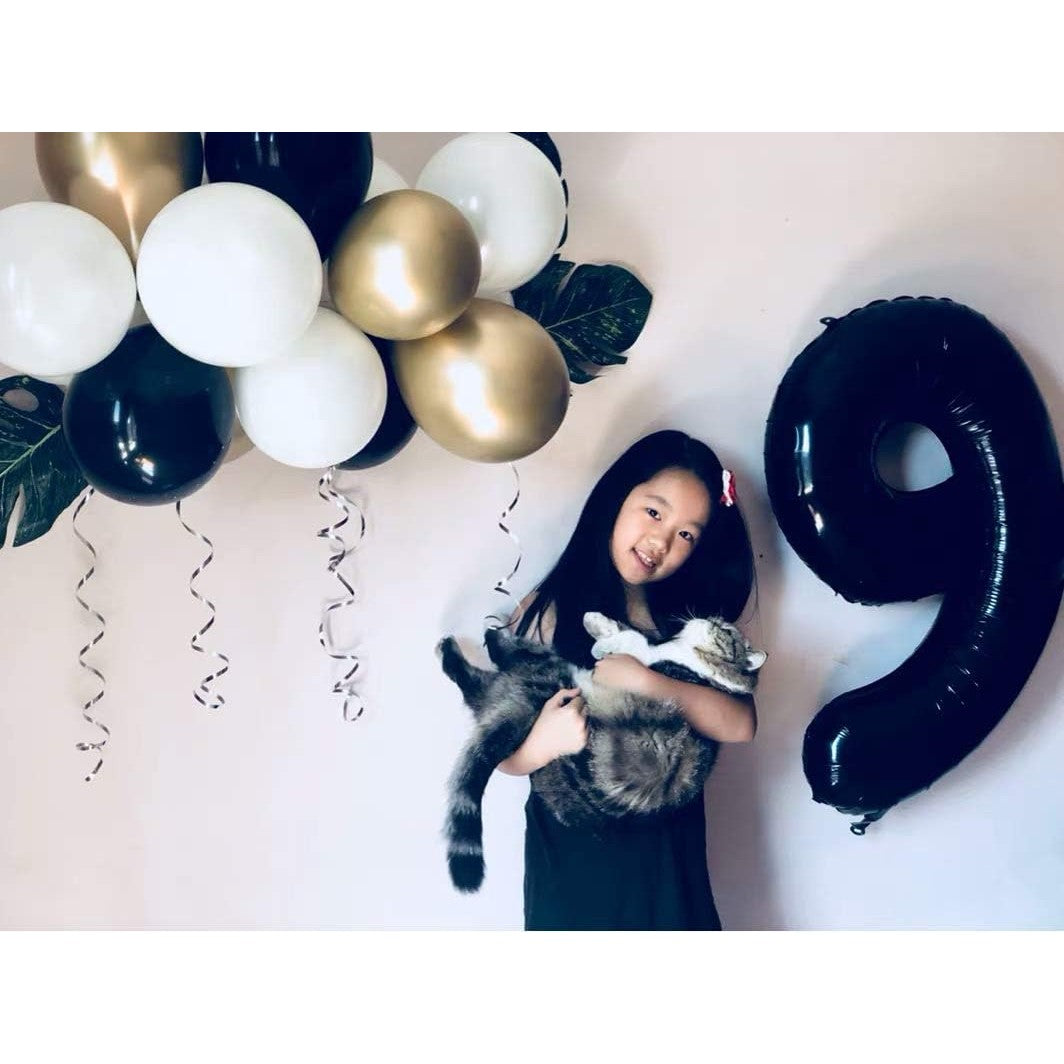Balon din Folie Metalizata, Figurina Cifra, Tema Aniversare 80 cm, Ambalaj Individual, Pai inclus, Umflare cu Aer sau Heliu, Negru, Cifra 9