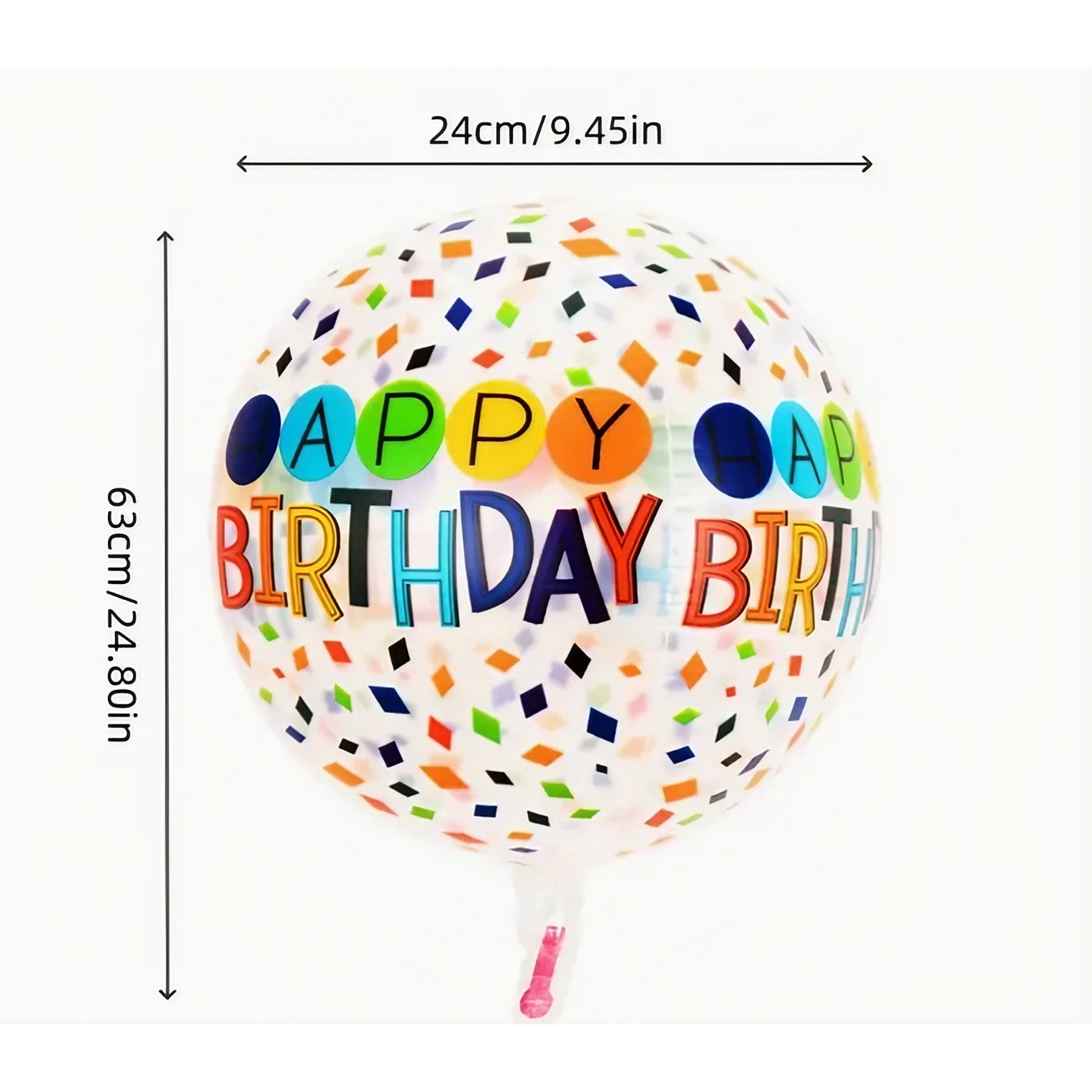 Balon din Folie Metalizata, Figurine 4D, Model Happy Birthday, Tematica Aniversara Bombonele, 63x24 cm, Ambalaj Individual, Pai Inclus, Umflare cu Aer sau Heliu, Alb-Multicolor