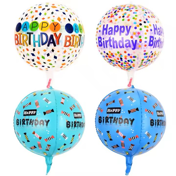 Balon din Folie Metalizata, Figurine 4D, Model Happy Birthday, Tematica Aniversara Bombonele, 63x24 cm, Ambalaj Individual, Pai Inclus, Umflare cu Aer sau Heliu, Albastru