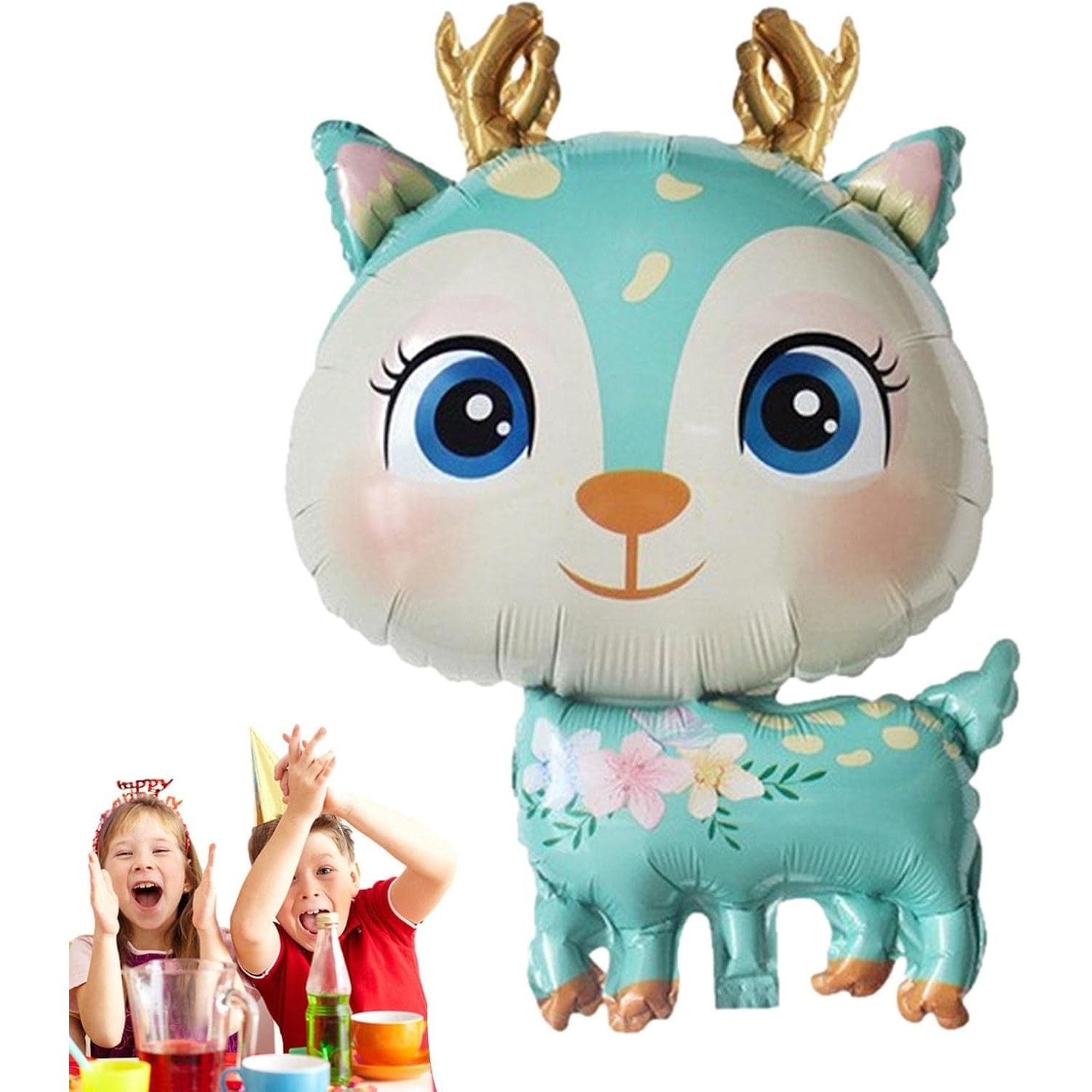 Balon din Folie Metalizata, Mini Figurine, Model Cerb, Tematica Aniversare, 49x74.5 cm, Ambalaj Individual, Pai Inclus, Umflare cu Aer sau Heliu, Albastru