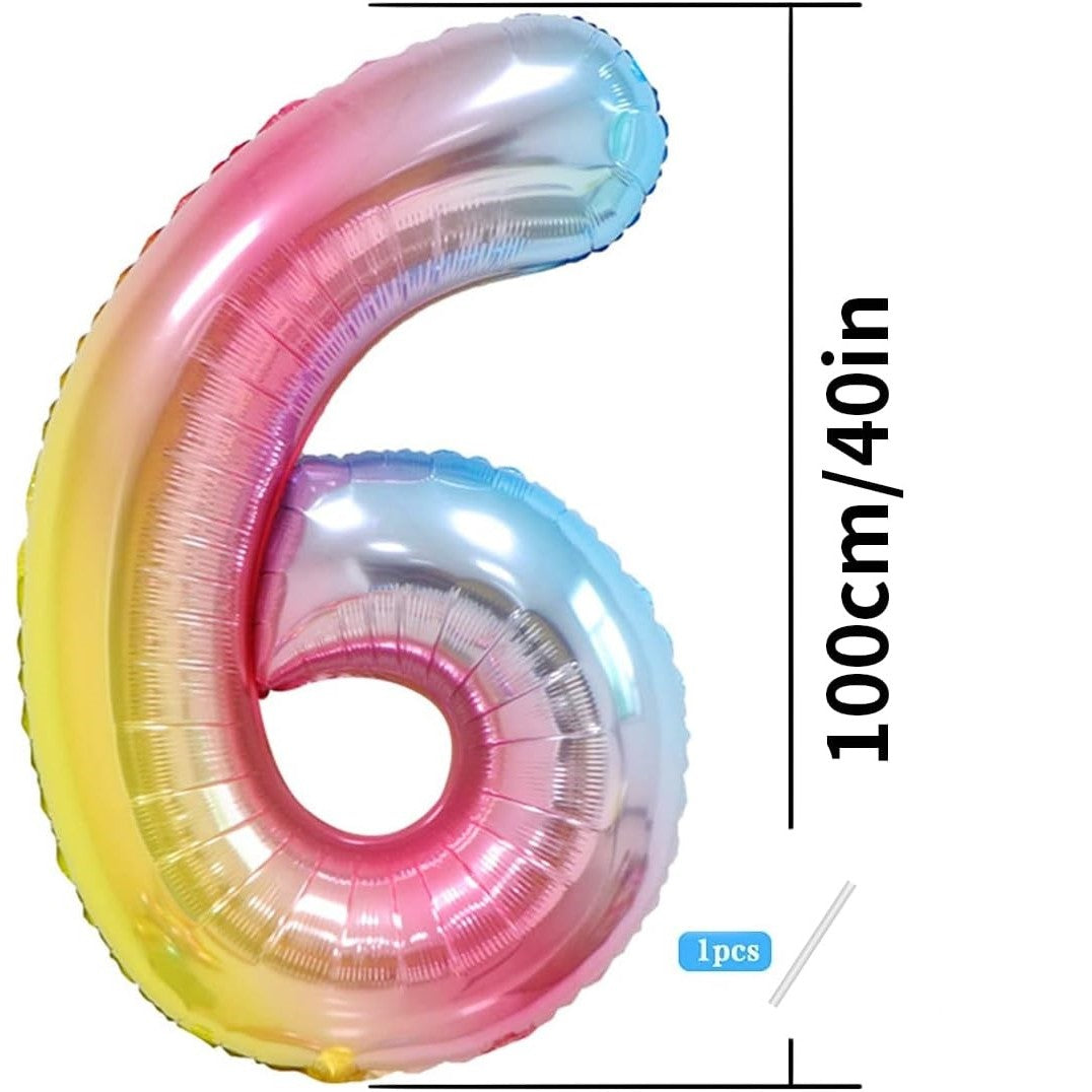 Balon din Folie Metalizata Gradient, Figurina Cifra, Tema Aniversare 100 cm, Ambalaj Individual, Pai inclus, Umflare cu Aer sau Heliu, Multicolor, Cifra 6
