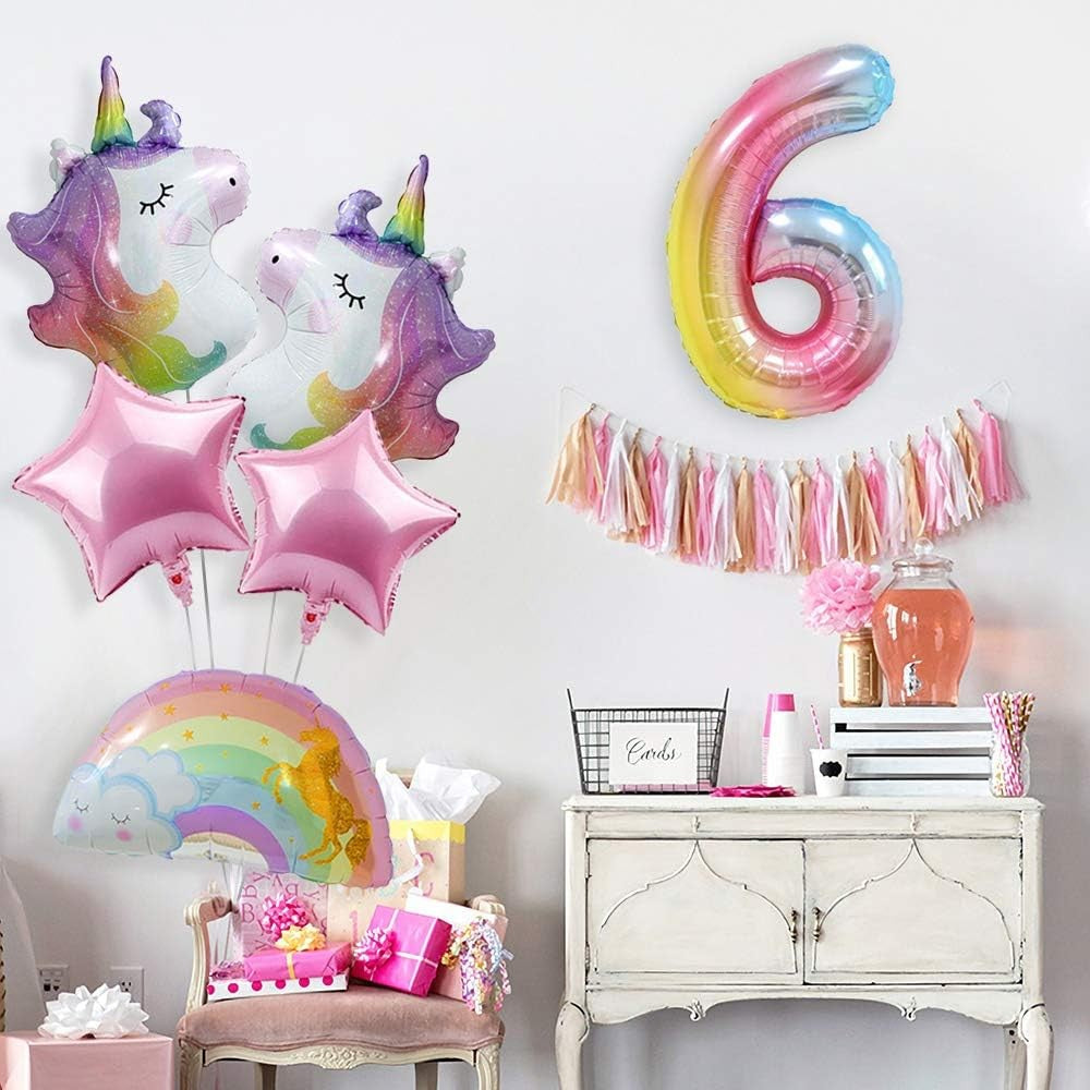 Balon din Folie Metalizata Gradient, Figurina Cifra, Tema Aniversare 100 cm, Ambalaj Individual, Pai inclus, Umflare cu Aer sau Heliu, Multicolor, Cifra 6