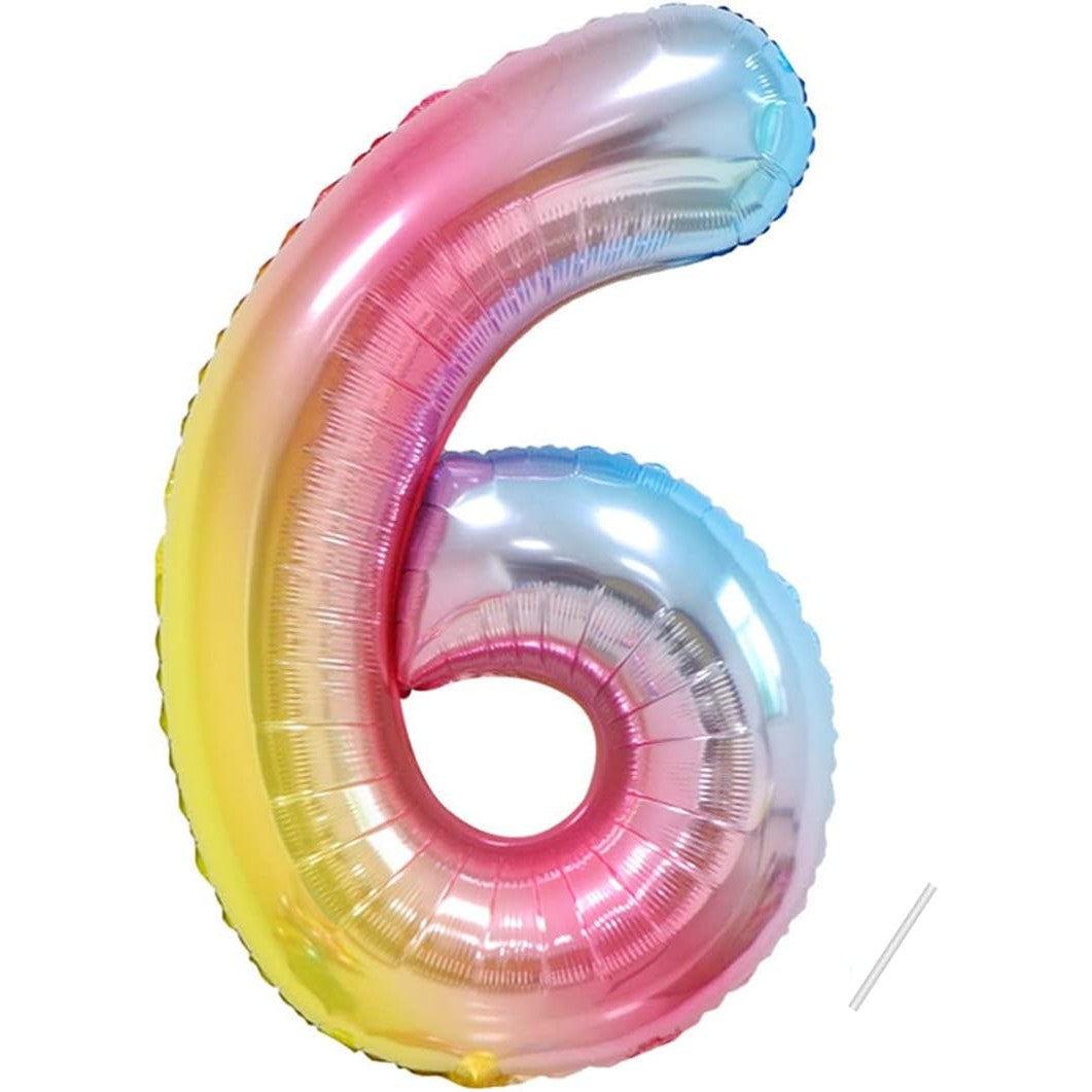 Balon din Folie Metalizata Gradient, Figurina Cifra, Tema Aniversare 100 cm, Ambalaj Individual, Pai inclus, Umflare cu Aer sau Heliu, Multicolor, Cifra 6