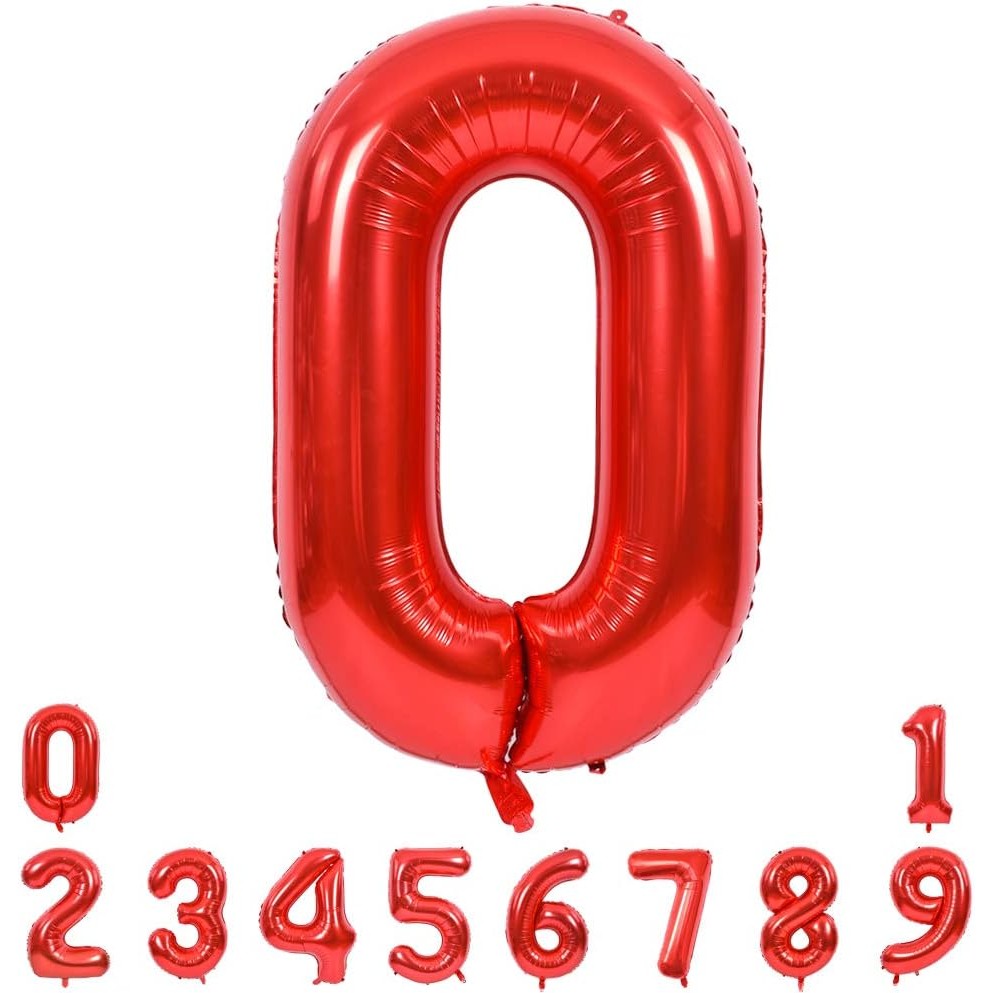 Balon din Folie Metalizata, Figurina Cifra, Tema Aniversare 40 cm, Ambalaj Individual, Pai inclus, Umflare cu Aer sau Heliu, Rosu, Cifra 0